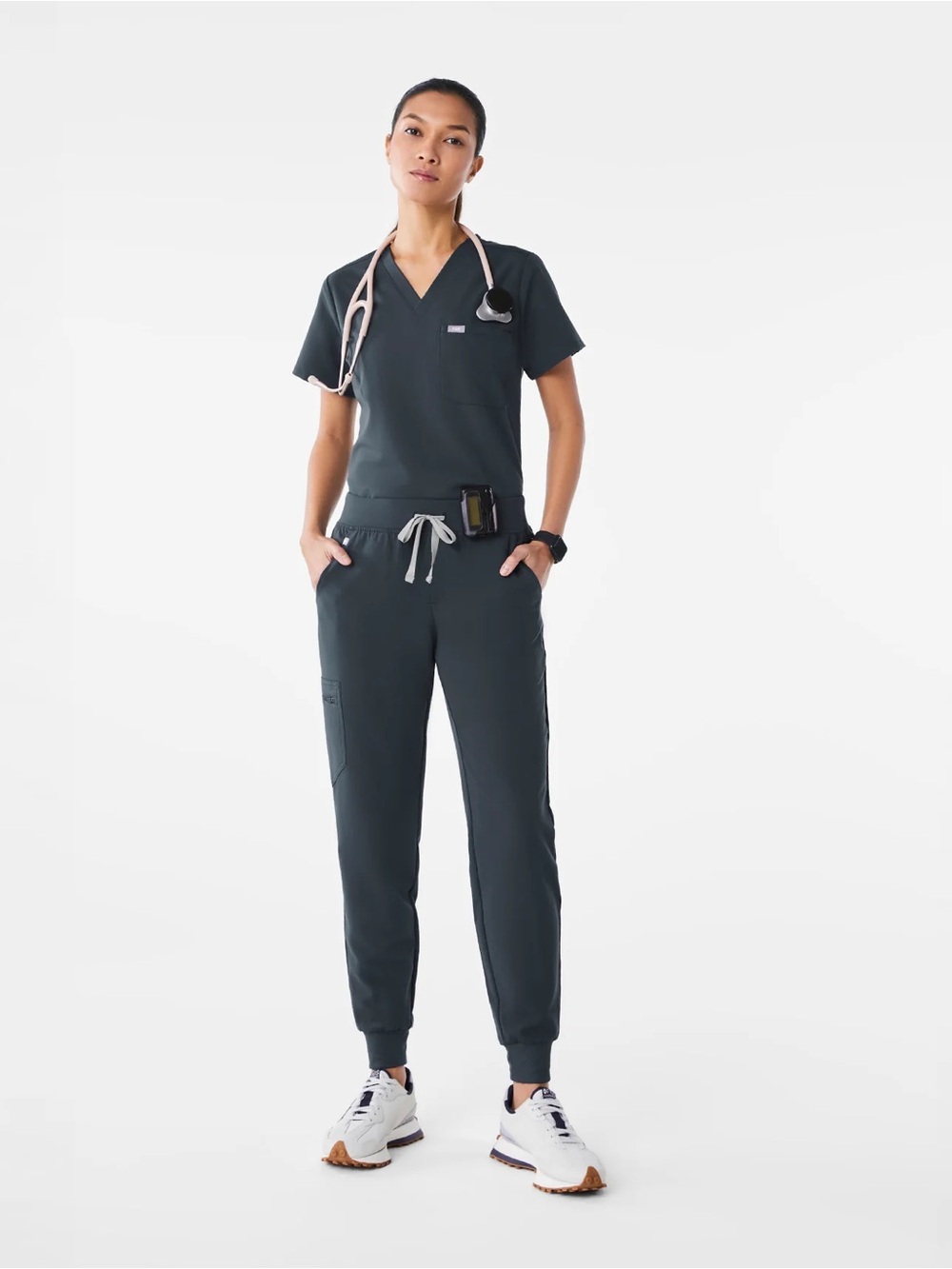 Figs Dark Harbor Rafaela One-Pocket scrub top & Zamora Petite Jogger Scrub Pant